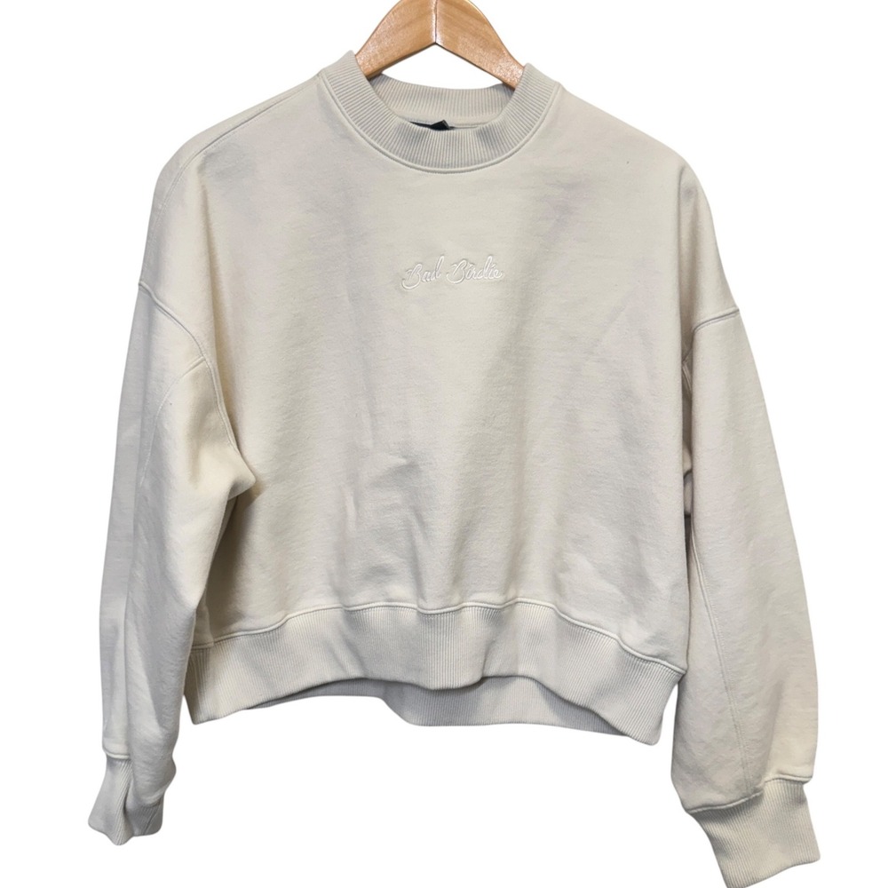 Bad Birdie Womens Sweatshirt S Cream Cropped Embroidered Logo Athleisure Sporty